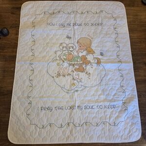 Vintage Handmade Cross Stitch Baby Quilt Precious Moments Lightweight So Pretty!